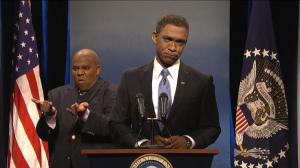 Fake Obama + fake fake sign language interpreter = real event.