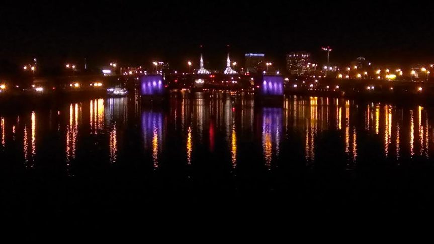 Morrison Bridge reflecting off the Willamette River. 